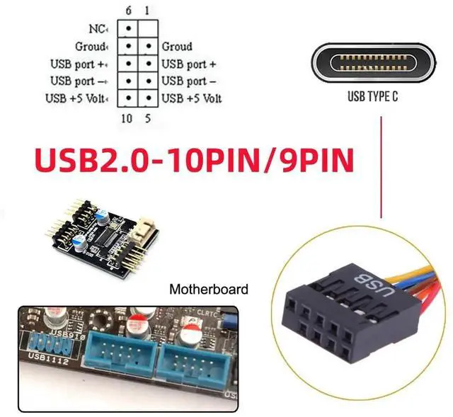Alt view image 4 of 7 - JAENFONG Cable USB 3.1 Type C USB-C Female to USB 2.0 Motherboard 9pin 10pin Header Cable with Bracket Single Port