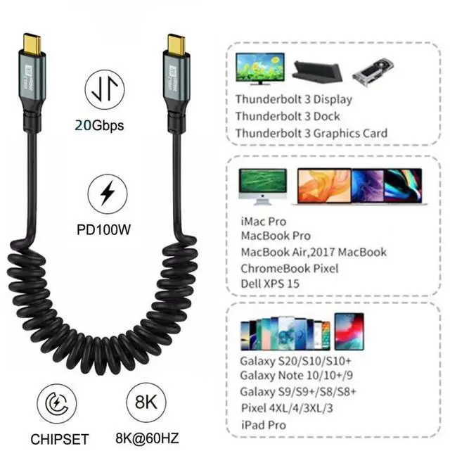 Alt view image 7 of 7 - JAENFONG USB C to C Coiled Cable USB 3.2 Gen 2x2 20Gbps PD 100W 8K@60Hz Data Transfer Fast Charging Extension Cable 6ft 1.8M
