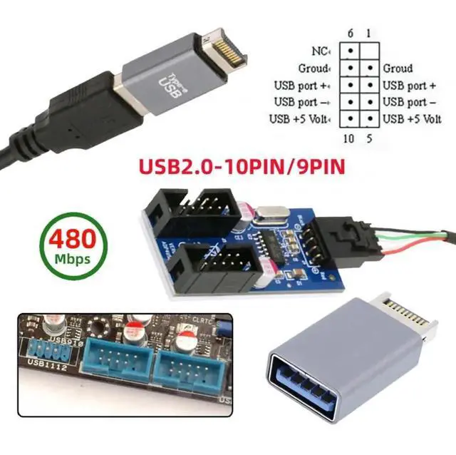 Alt view image 5 of 7 - JAENFONG Cable USB 3.1 Front Panel Header Male Type-E to USB 2.0 Type-A Male 1 to 2 Female Motherboard 9pin 10pinHeader HUB Adapter Port Multiplier