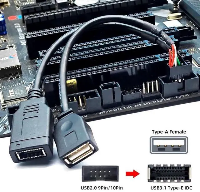 Alt view image 5 of 7 - JAENFONG USB 2.0 9Pin Male 1 to 2 USB 2.0/USB 3.1 Type E Key-A Female Front Panel Socket to 9Pin Mainboard Header Extension Cable 0.49FT