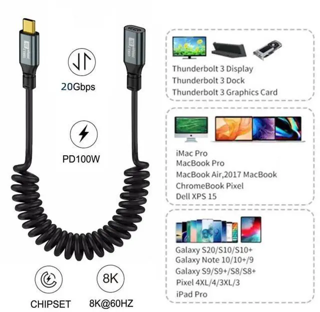 Alt view image 5 of 7 - JAENFONG USB C to C Coiled Cable USB 3.2 Type C Male to Female 20Gbps PD 100W 8K@60Hz Data Fast Charging Cable 6ft