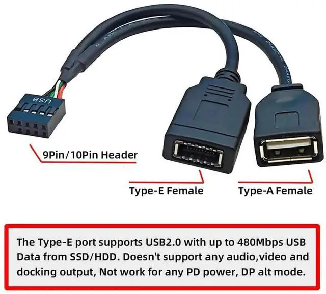Alt view image 3 of 7 - JAENFONG USB 2.0 9Pin 10Pin Mainboard Header Male to Dual Type-A&USB 3.1 Front Panel Socket Key-A Type-E Extension Cable 0.15M