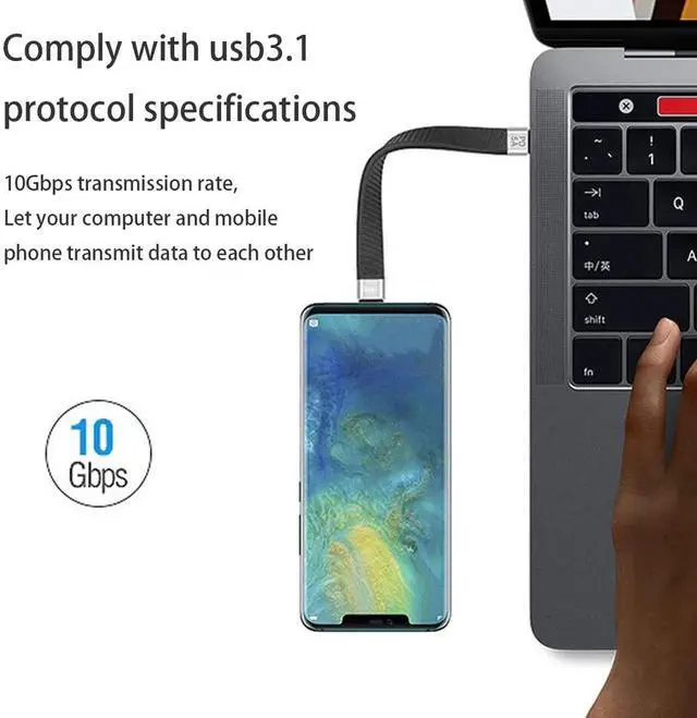 Alt view image 4 of 7 - JAENFONG 10Gbps Type-C USB-C Male to Male USB 3.1 10Gbps Flat Slim FPC Data Cable 13cm for Laptop Phone