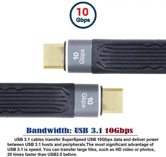 Alt view image 2 of 7 - JAENFONG 10Gbps Type-C USB-C Male to Male USB 3.1 10Gbps Flat Slim FPC Data Cable 13cm for Laptop Phone