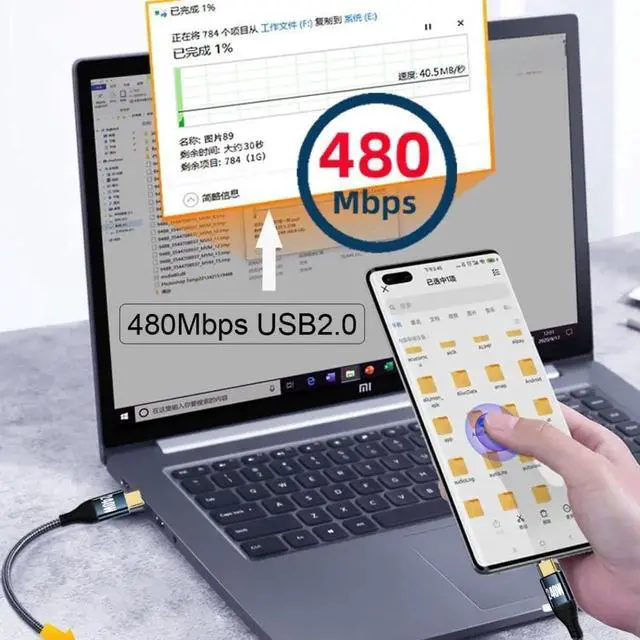 Alt view image 3 of 6 - JAENFONG  USB C to USB C 240W Cable 480Mbps 48V 5A 90 Degree Low Profile Angled Compatible with USB2.0 100W Charging 0.5M