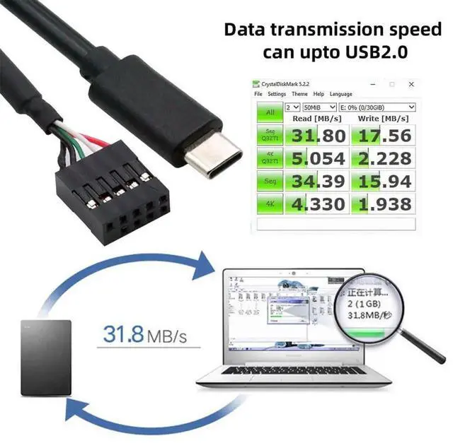 Alt view image 7 of 7 - JAENFONG USB 2.0 Front Panel Header 9/10Pin to USB C Male Mainboard Header Port Data Extension Cable Adapter 0.5M
