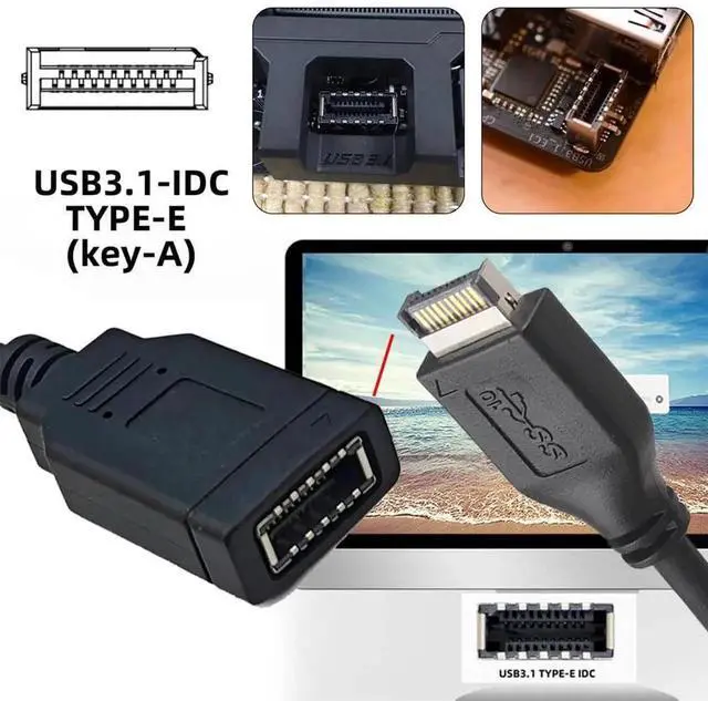 Alt view image 7 of 7 - JAENFONG USB 2.0 9Pin 10Pin Mainboard Header Male to Dual USB 3.1 Front Panel Socket Key-A Type-E Extension Cable 0.15M