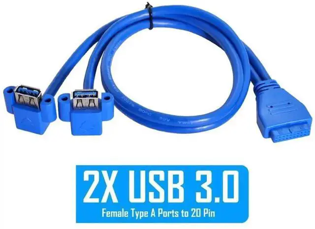 Alt view image 2 of 7 - JAENFONG USB 3.0 Front Panel Header 19/20Pin 1 Male to 2 USB 3.0 Female 90 Degree Angled Panel Port Extension Cable 0.5M with Panel Mount Holes