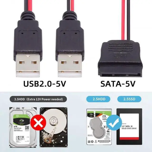 Alt view image 5 of 6 - JAENFONG  DC 5V USB Dual to SATA 15Pin Power Cable for 2.5 inch SATA HDD SSD Disk Driver 5V 2A Max