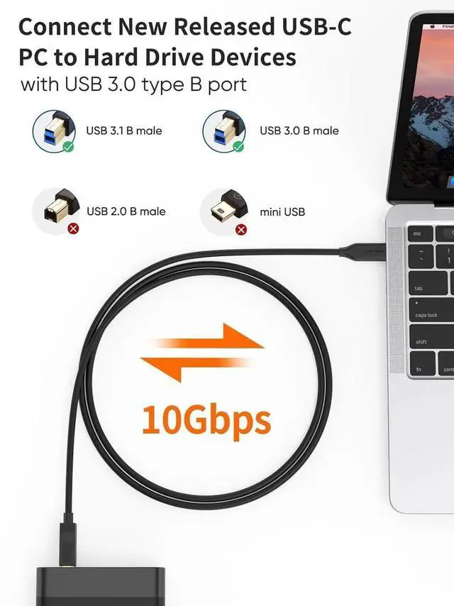 Alt view image 2 of 7 - JAENFONG USB C to USB B 3.1 Cable 3FT, 10Gbps USB Type B to USB C Cable for Thunderbolt 3 Host MacBook Pro Air, External Hard Drive, Docking Station, Scanner, Black,1M