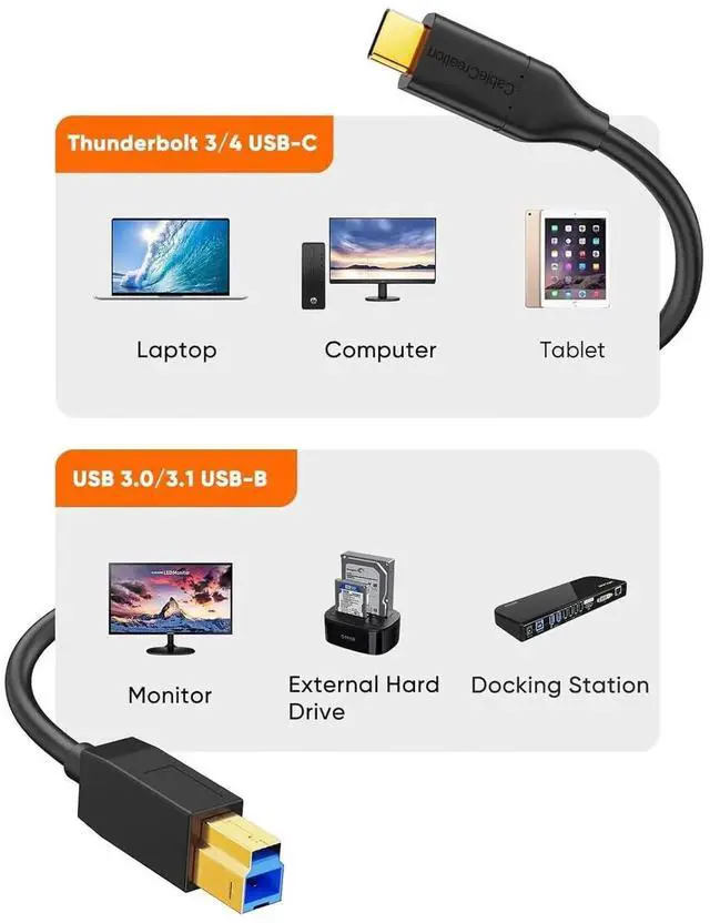 Alt view image 3 of 7 - JAENFONG USB C to USB B 3.1 Cable 3FT, 10Gbps USB Type B to USB C Cable for Thunderbolt 3 Host MacBook Pro Air, External Hard Drive, Docking Station, Scanner, Black,1M