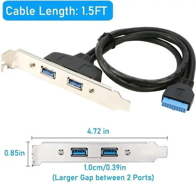 Alt view image 4 of 6 - JAENFONG 2 Ports USB 3.0 Female Back Panel to MB 20pin Header Connector Cable Adapter with PCI Slot Plate Bracket 1.5ft