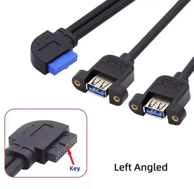 Alt view image 2 of 7 - JAENFONG 2 Ports USB 3.0 Female to Motherboard 20Pin Male Cable for Front Panel Screw Mount Type 30cm 90 Degree Left Angled