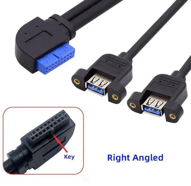 Alt view image 6 of 7 - JAENFONG 2 Ports USB 3.0 Female to Motherboard 20Pin Male Cable for Front Panel Screw Mount Type 30cm 90 Degree Right Angled