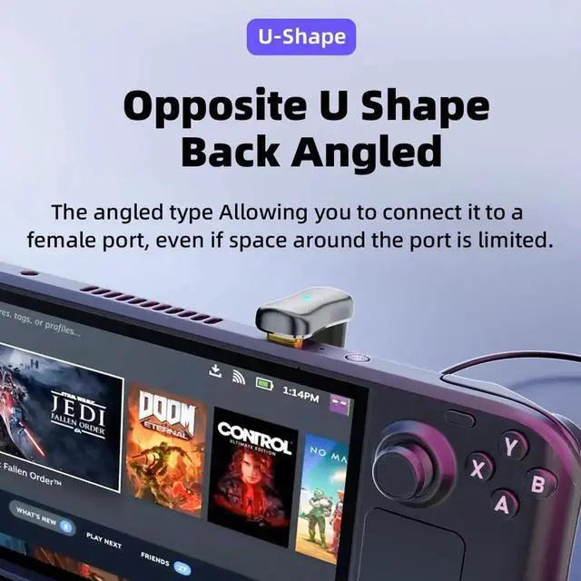 Alt view image 3 of 7 - JAENFONG  USB-C Adapter USB3.0 Type C Male to Female & OTG Power Data Adapter Opposite U Shape Back Angled Compatible with Deck