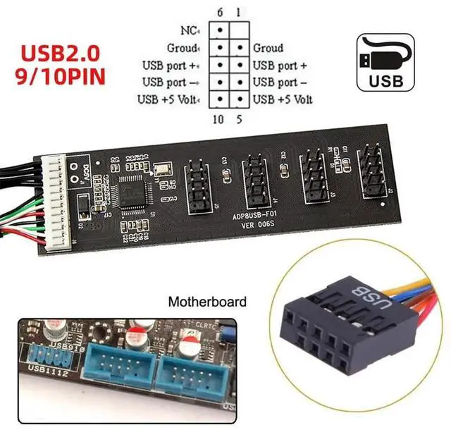 Alt view image 4 of 7 - JAENFONG USB 2.0 9pin 10pin Header 1 to 4 Female Splitter Extension Cable HUB with IDE 5V Power Connector Adapter Port Multilier