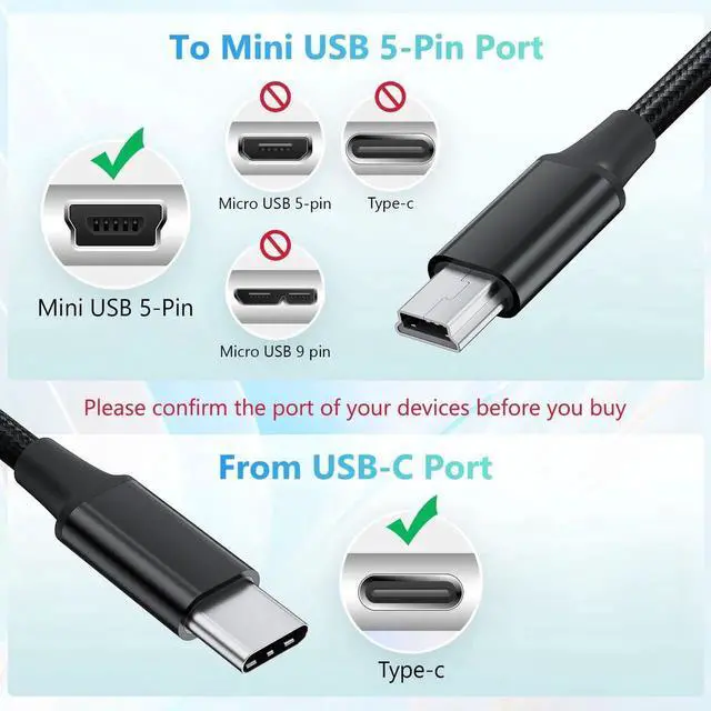 Alt view image 5 of 7 - JAENFONG 3.3FT USB Type C to Mini USB Cable, 1M Braided USB C to Mini 5-Pin Charging Cord, Supports OTG Sync Data for Digital Camera, Driving Recorder, MP3 Player, GPS Receiver and More Mini B Devices
