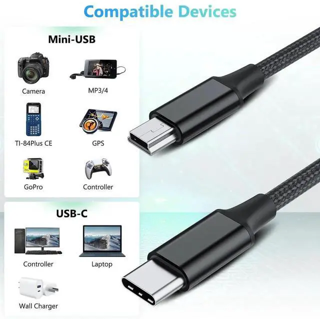 Alt view image 2 of 7 - JAENFONG 3.3FT USB Type C to Mini USB Cable, 1M Braided USB C to Mini 5-Pin Charging Cord, Supports OTG Sync Data for Digital Camera, Driving Recorder, MP3 Player, GPS Receiver and More Mini B Devices