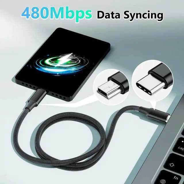 Alt view image 6 of 7 - JAENFONG 3.3FT USB Type C to Mini USB Cable, 1M Braided USB C to Mini 5-Pin Charging Cord, Supports OTG Sync Data for Digital Camera, Driving Recorder, MP3 Player, GPS Receiver and More Mini B Devices