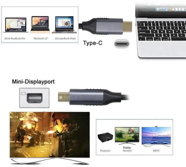 Alt view image 3 of 7 - JAENFONG USB 3.1 Type C USB-C to Mini DisplayPort DP Male 4K Monitor Cable for MacBook & Laptop 1.8m