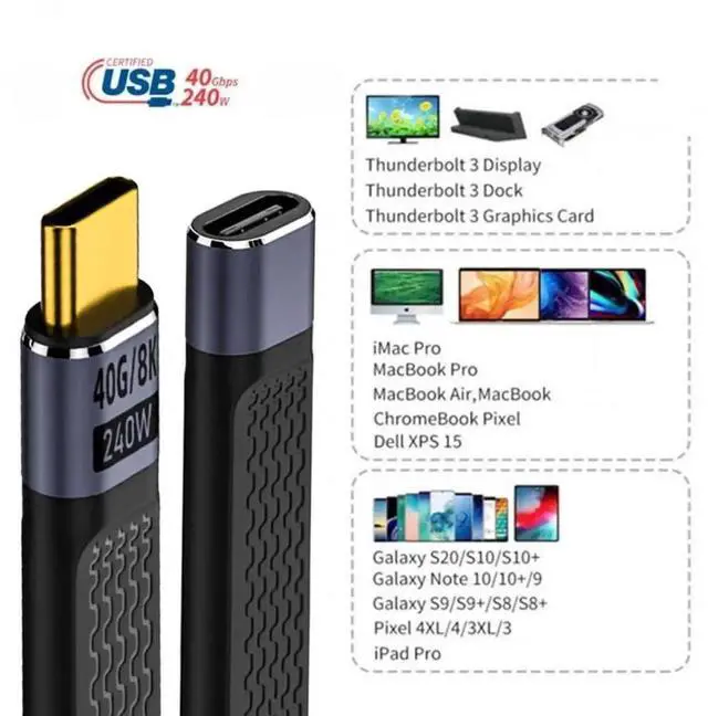 Alt view image 3 of 7 - JAENFONG USB4 Extension Cable 13cm Slim Flat Male to Female 40Gbps with 240W Power and 8K@60Hz Video