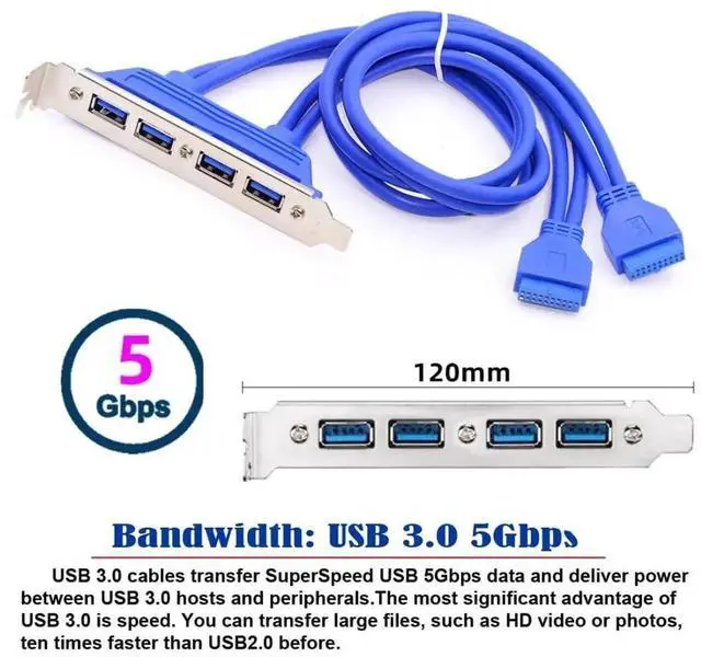 Alt view image 3 of 7 - JAENFONG USB 3.0 Front Panel Header 19/20Pin 2 Male to 4 USB 3.0 Female Chassis Back Panel Port Extension Cable 0.5M with 12cm PCI-E Slot Bracket
