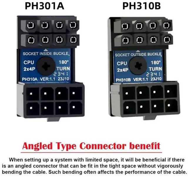 Alt view image 4 of 7 - JAENFONG 2 Pack ATX 8Pin EPS 12V 180 Degree Angled CPU Power Socket Inside Buckle Connector Adapter