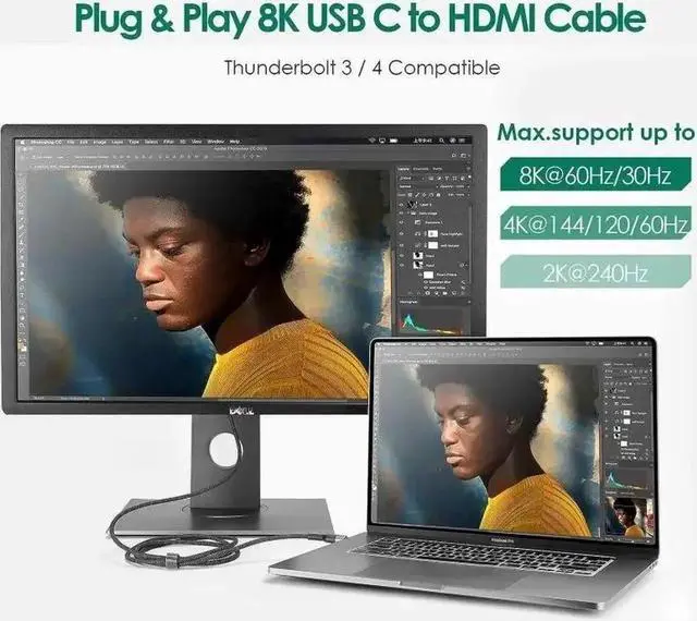Alt view image 4 of 7 - JAENFONG USB C to HDMI 2.1 Cable 8K@60Hz 4K@240Hz 3.3FT Type C to HDMI Ultra High-Speed Cord Thunderbolt 4/3 HDR HDCP 2.3 Compatible with MacBook Pro/Air, iMac, iPad Pro, Galaxy S23