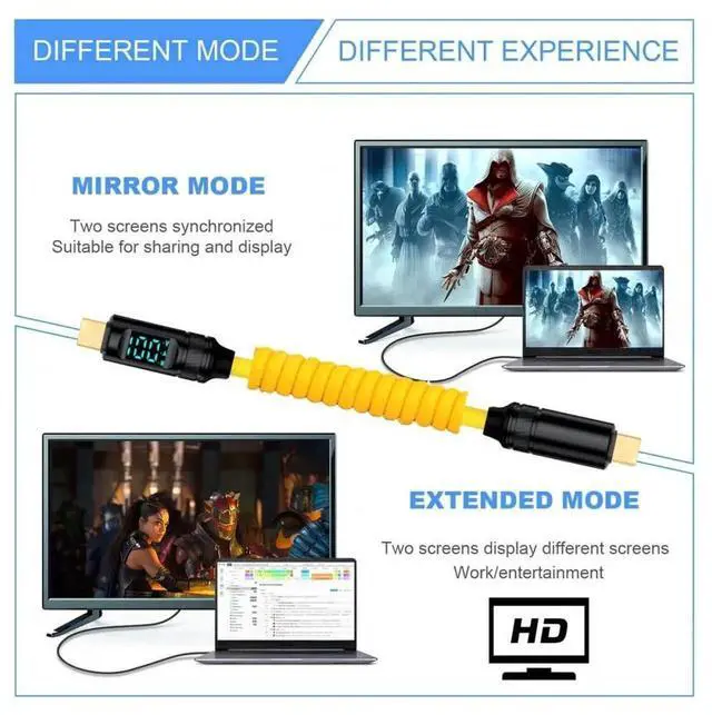 Alt view image 5 of 7 - JAENFONG Cable Smart LED Display USB-C USB4 Stretch Coiled Cable 20Gbps 100W 8K for Laptop Disk PhoneType-C Male to Male Cable Power & Data (180CM)