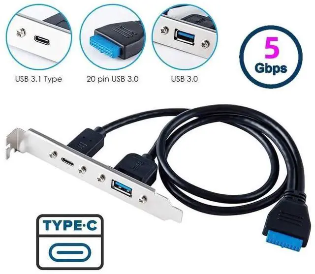 Alt view image 4 of 7 - JAENFONG Cable USB3.0 Motherboard 19/20Pin to USB-C Type-C & USB 3.0 Dual Ports Female PCI-E Back Panel 5Gbps Cable
