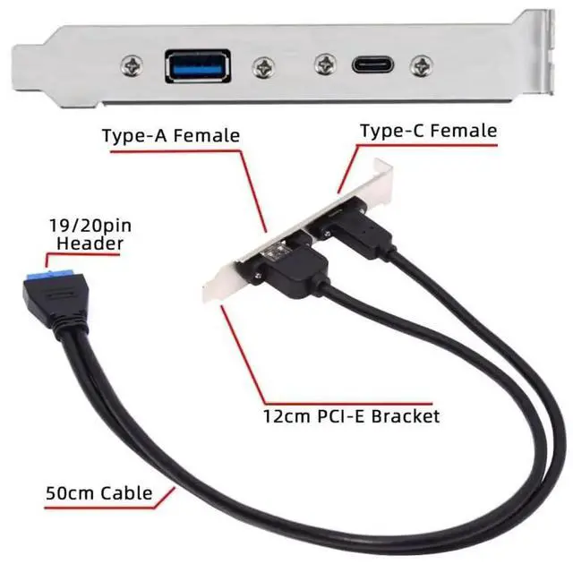 Alt view image 7 of 7 - JAENFONG Cable USB3.0 Motherboard 19/20Pin to USB-C Type-C & USB 3.0 Dual Ports Female PCI-E Back Panel 5Gbps Cable