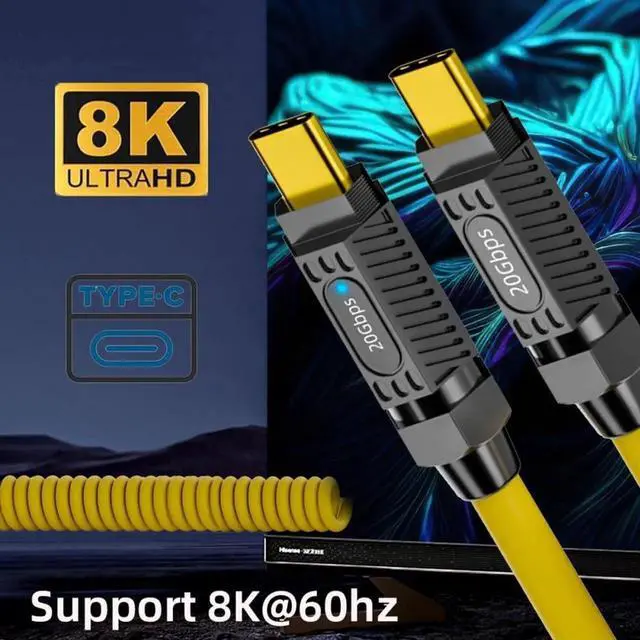 Alt view image 2 of 7 - JAENFONG Cable Stretch Coiled USB-C USB4 20Gbps 140W 8K for Gaming Keyboard Mouse Type-C Male to Male Power & Data (180cm)