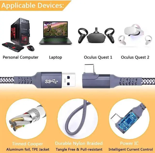 Alt view image 5 of 7 - JAENFONG 10ft /3M Nylon Braided VR Link Cable for Oculus Quest 2 and PC/Steam VR Quest VR Headset, Right-Angled 90 Degree USB A to USB C 5Gbps High Speed Data Transfer Charging Cord for Gaming PC ( A
