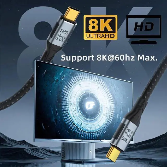 Alt view image 6 of 7 - JAENFONG 180cm USB-C 240W USB4 Cable 40Gbps USB3.1 100W 8K@60Hz 5K USB4.0 Type-C to Type-C Male to Male Support Data Video Power
