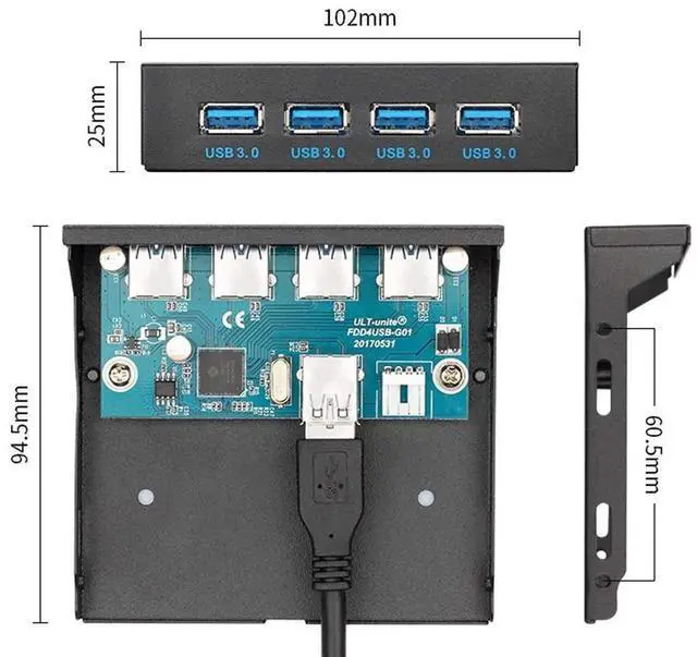 Alt view image 3 of 7 - JAENFONG USB 3.0 HUB 4 Ports Front Panel to Motherboard 20Pin Adapter with SATA Power Cable for 3.5" Floppy Bay Disk Drive Caddy