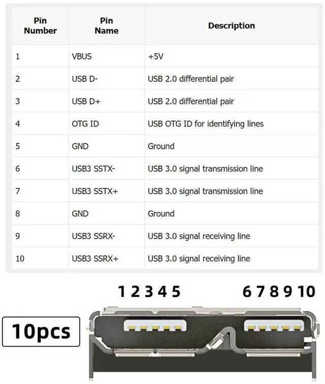 Alt view image 3 of 6 - JAENFONG Connector 10pcs Micro USB 3.0 10pin Female Socket Receptacle Board Mount SMT Type 5.2mm Height for SSD USB Hard Disk