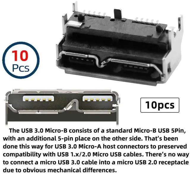 Alt view image 2 of 6 - JAENFONG Connector 10pcs Micro USB 3.0 10pin Female Socket Receptacle Board Mount SMT Type 5.2mm Height for SSD USB Hard Disk