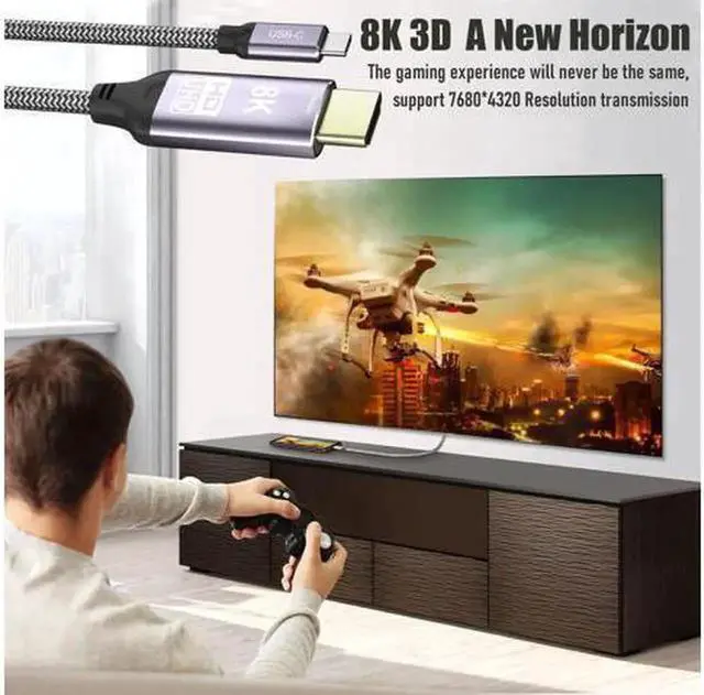 Alt view image 7 of 7 - JAENFONG USB-C USB3.1 to HDMI 2.1 8K Cable 7680x4320 8K@30Hz 4K@120Hz UHD HDR High Speed 48Gbps Thunderbolt 3 Compatible for HDTVs Projectors and Monitors 1.8m