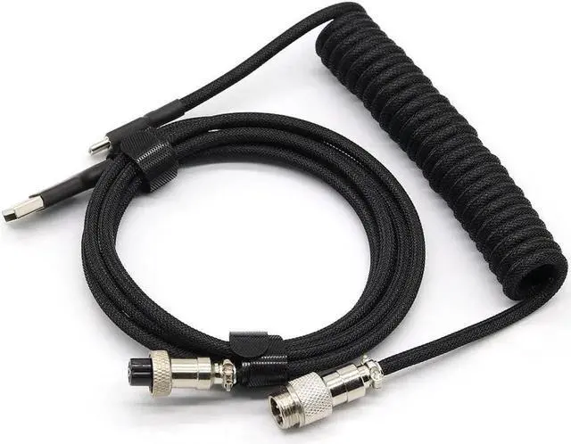 Main image of JAENFONG Customer Coiled Keyboard Cable for Gaming Mechanical Keyboard, Handwork Braided + PET Mesh, Metal Plug, with Detachable Metal Aviator Connector, 3 Meters USB C Aviator Cable (Black)