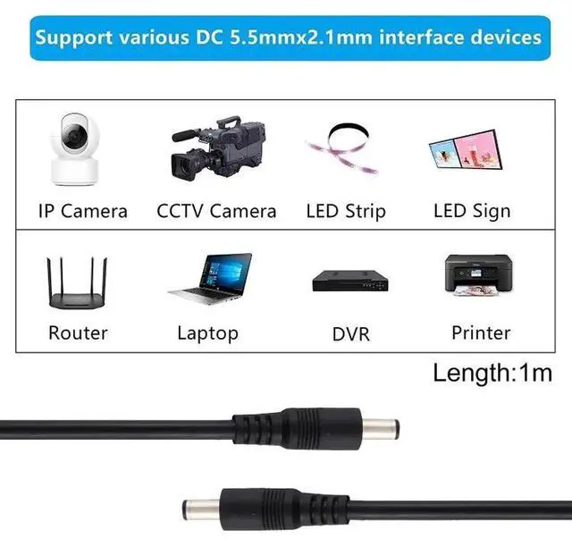 Alt view image 3 of 6 - JAENFONG 8A DC Power Plug 5.5 x 2.1mm Male to Male Adapter Connector Cable, Length:1m 1m (Black)
