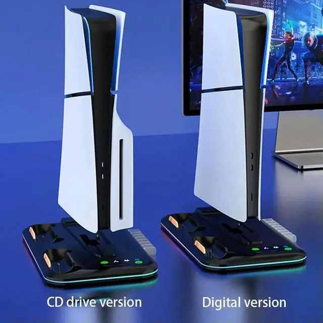 Alt view image 3 of 3 - For PS5 Slim Console RGB Vertical Cooling Stand Controller Charging Station with Headset Hook for PS5 Slim Disc&Digital