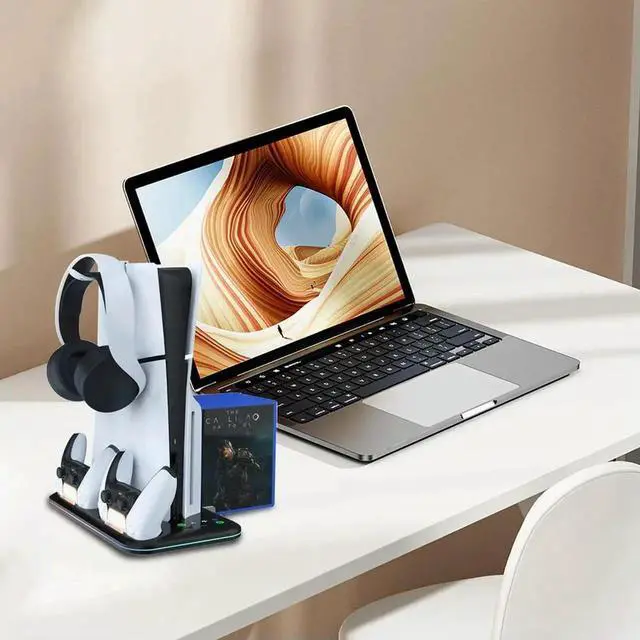 Alt view image 2 of 3 - For PS5 Slim Console RGB Vertical Cooling Stand Controller Charging Station with Headset Hook for PS5 Slim Disc&Digital
