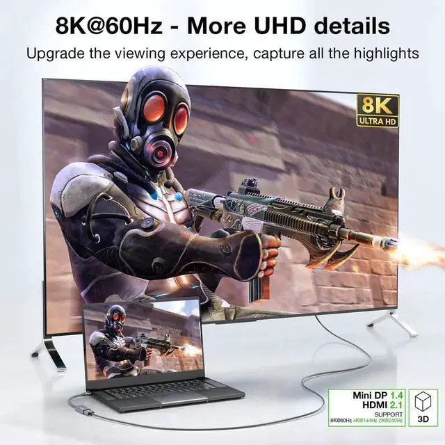 Alt view image 4 of 7 - Mini DisplayPort to HDMI Adapter, Mini DP Male to HDMI 2.1 Female Converter Cable, Support 8K@60Hz, 4K@120Hz, 2K@240Hz, HDR, FreeSync, VRR for Thunderbolt 2, iMac, Surface Pro, Monitor, Graphics