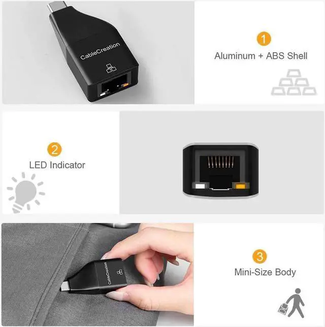 Alt view image 7 of 7 - USB C Ethernet Adapter 1000Mbps, CableCreation USB-C to Ethernet Adapter Type C Network Converter Compatible for MacBook, MacBook Pro/Air 2020 2018, Dell XPS 13/15, Galaxy S10/S20