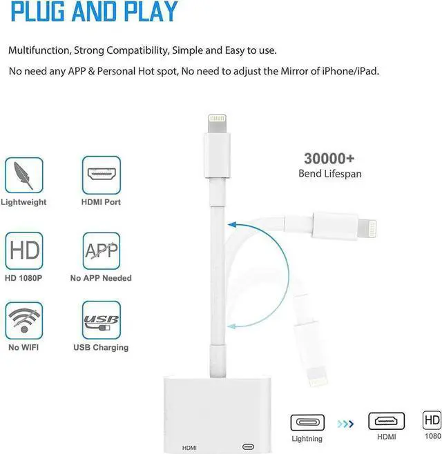 Alt view image 4 of 5 - JAENFONG Lightning to HDMI Adapter Lightning to Digital AV Adapter 1080P with Lightning Charging Port for Select iPhone, iPad and iPod Models and TV Monitor Projector White (1PC)
