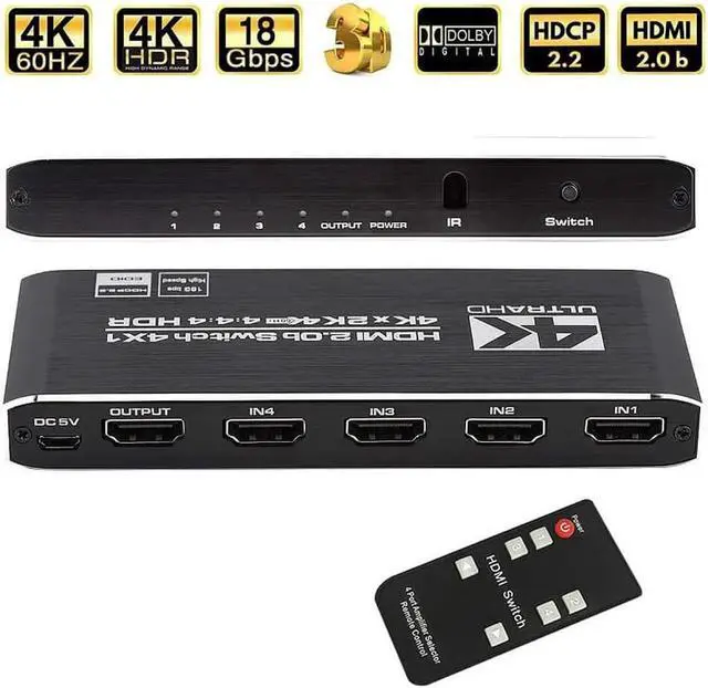 Main image of JAENFONG [2023 Upgraded]HDMI Switch 4K@60Hz,4 in 1 Out HDMI Hub Switch with Remote,Aluminum Hdmi 2.0 Switch 4 Port,Support 3D HDR,Compatible with Xbox PS5/4 Blu-Ray Player Fire Stick Roku TV