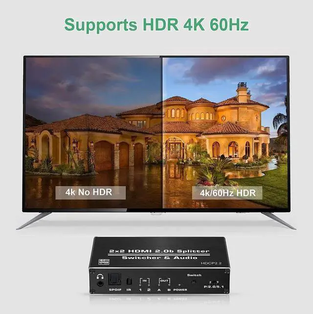 Alt view image 7 of 7 - JAENFONG 4K HDMI Switcher Splitter with Optical & 3.5mm AUX Audio Audio Extractor Out, 2x2 HDMI Switcher Audio Extractor Support 4K@60Hz, 1080P@120Hz, HDCP 2.2, HDMI2.0b, 4K@60HZ, RGB4:2:2, 4K HDR