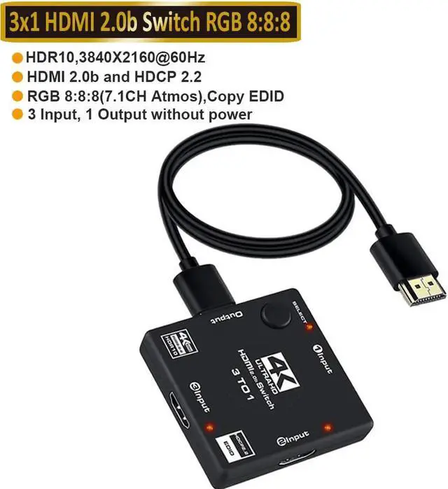 Main image of JAENFONG HDMI Switch 3 in 1 Out 4K UHD HDMI Switcher Splitter, HDMI Switch Box Hub with 3.9FT HDMI Cable Support 4K 60Hz 3D 1080P HDCP2.2 for PS5 PS4 Xbox DVD Player Fire Stick Apple TV PC