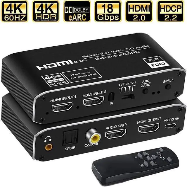Main image of 4K@60H HDMI Switch Audio Extractor, 2x1 HDMI Switcher Splitter 2 in 1 Out with Optical TOSLINK SPDIF, 3.5mm Audio, Coaxial Audio Extractor and IR Remote Control, Support 4K HDR, HDMI 2.0b, HDCP 2.3