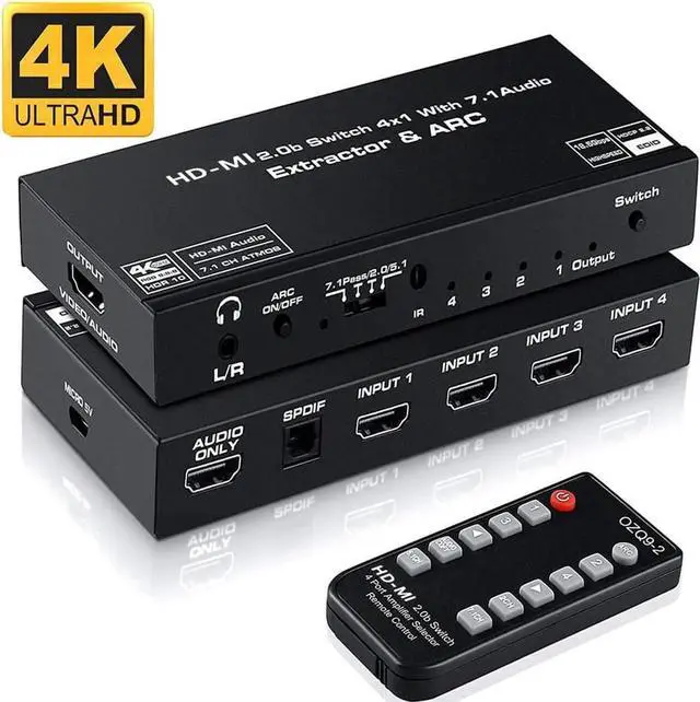 Main image of JAENFONG 4X1 HDMI 2.0 Switch Audio Extractor 4K HDMI SPDIF Converter 5.1 HD-MI to HDMI to RCA Splitter Optic TOSLINK Switch Adapter